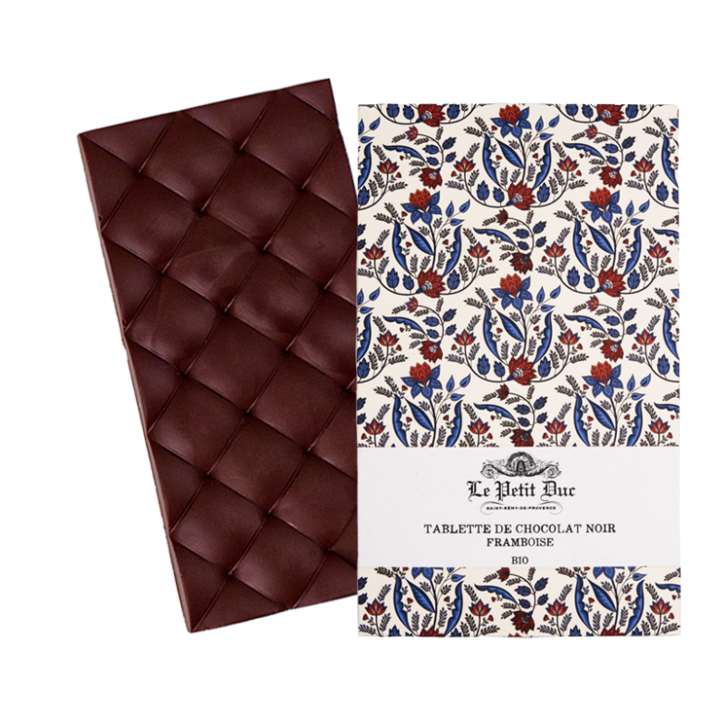Tablette Chocolat Noir et Framboise : mariage gourmand entre la framboise acidulée et la rondeur du chocolat noir.
